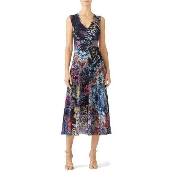 FUZZI Floral Patchwork Sleeveless Midi Dress Tulle V Neck A Line Fit Fla… - Picture 2 of 11